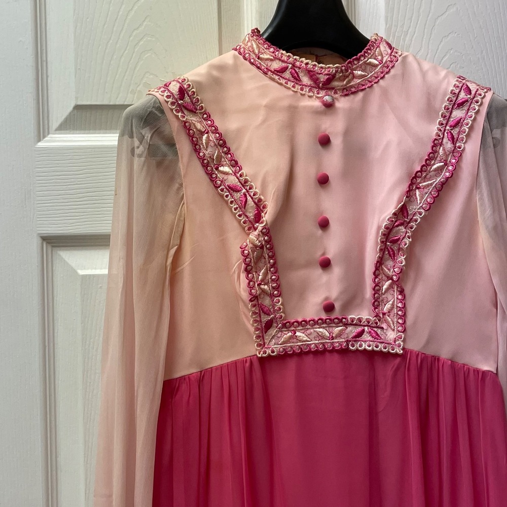 Vintage Women's Size 11 Pink Prairie Tiered Ruffle Maxi‎ Dress Sheer Sleeve Mock